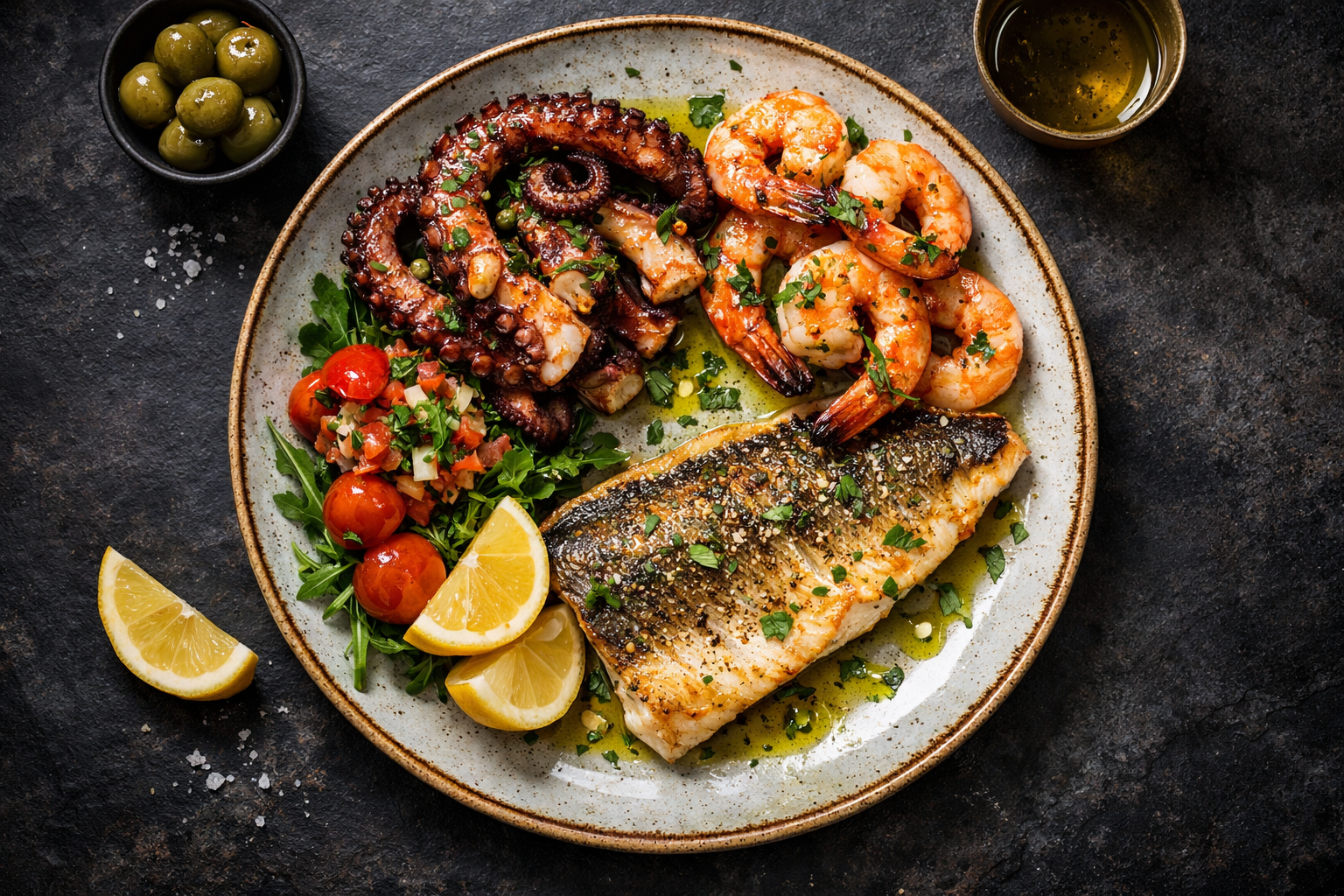 Tabağa yerleşmiş deniz ürünleri kompozisyonu