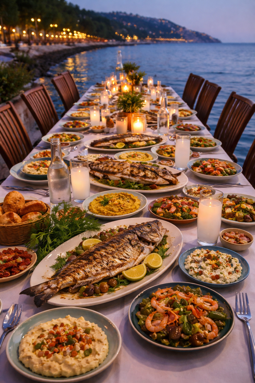 Uzun bir akşam sofrasında ızgara balık ve mezelerden oluşan düzen