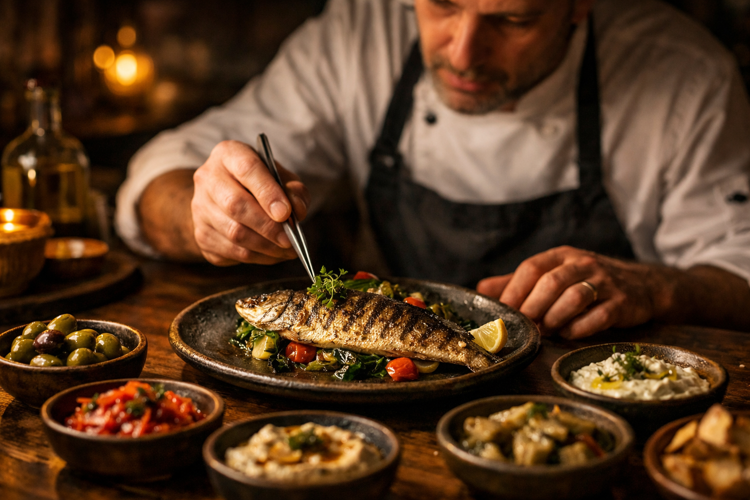 Loş ışıkta hazırlanan bir balık tabağı ve yanında zeytinyağlı mezeler
