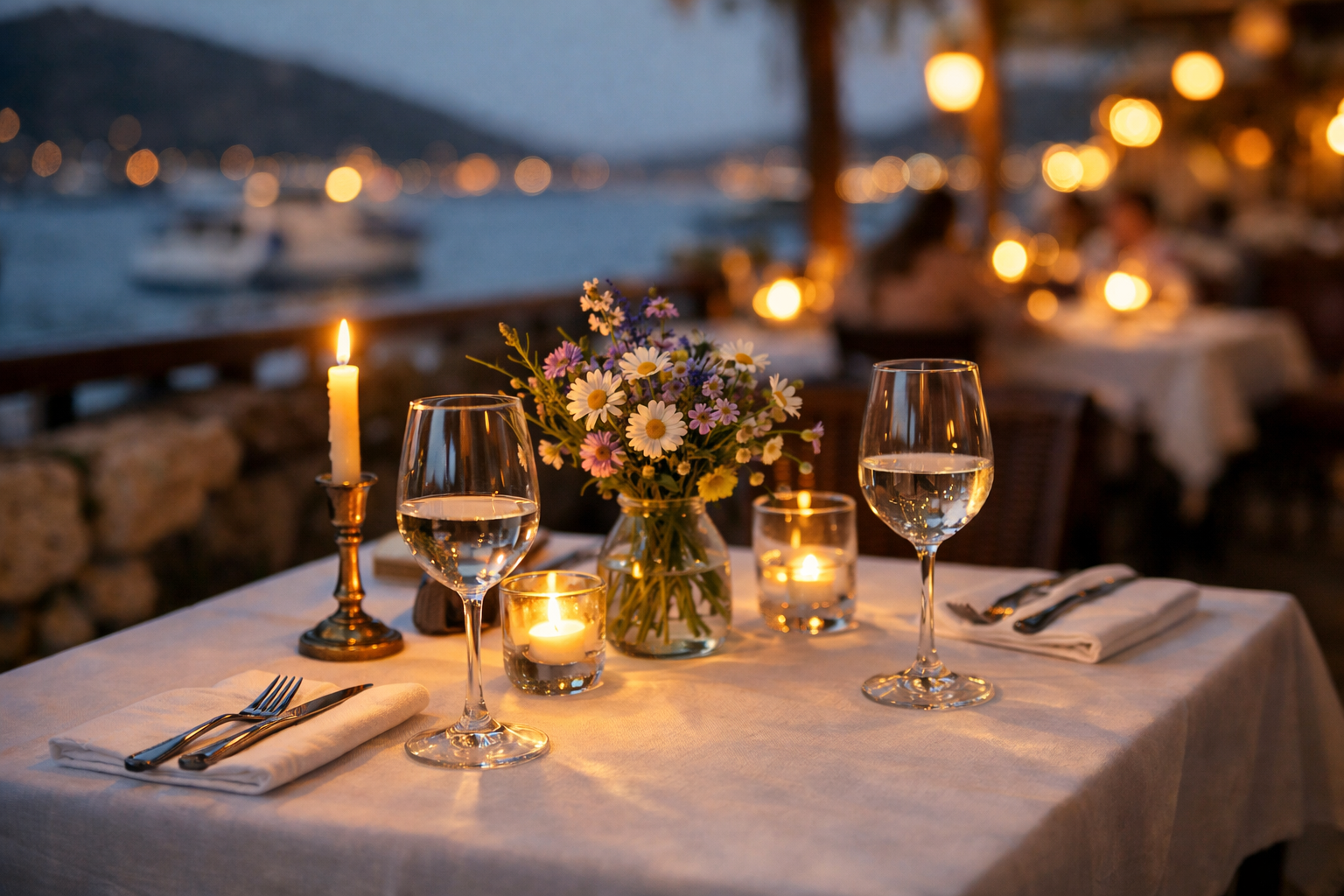 Akşam saatlerinde hazırlanmış, mum ışığıyla aydınlatılmış iki kişilik masa